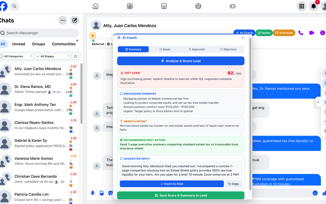 AI Coach analyzing a Messenger conversation